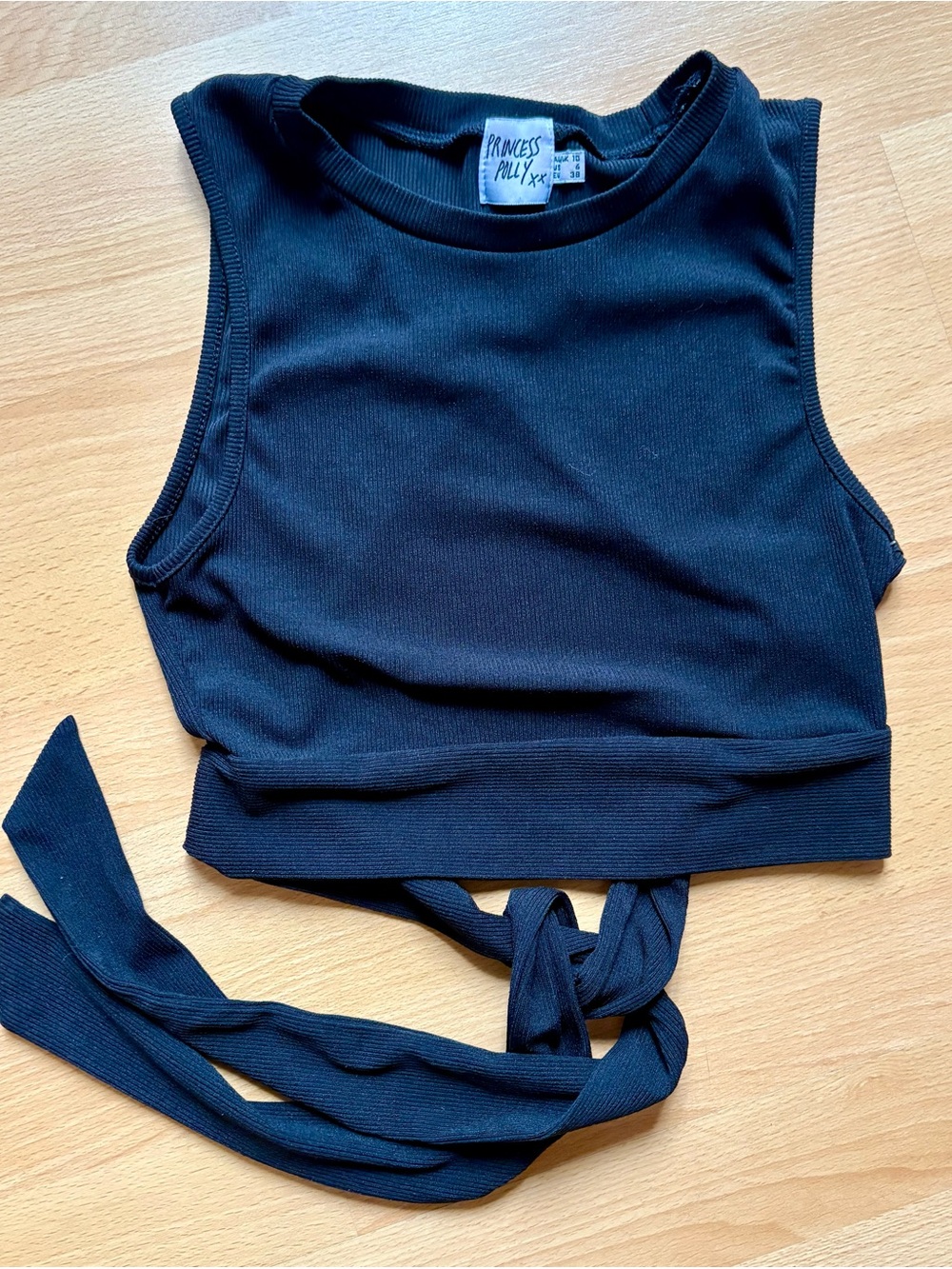 Princess Polly Black Ribbed Wrap Tie-Back Crop Tank